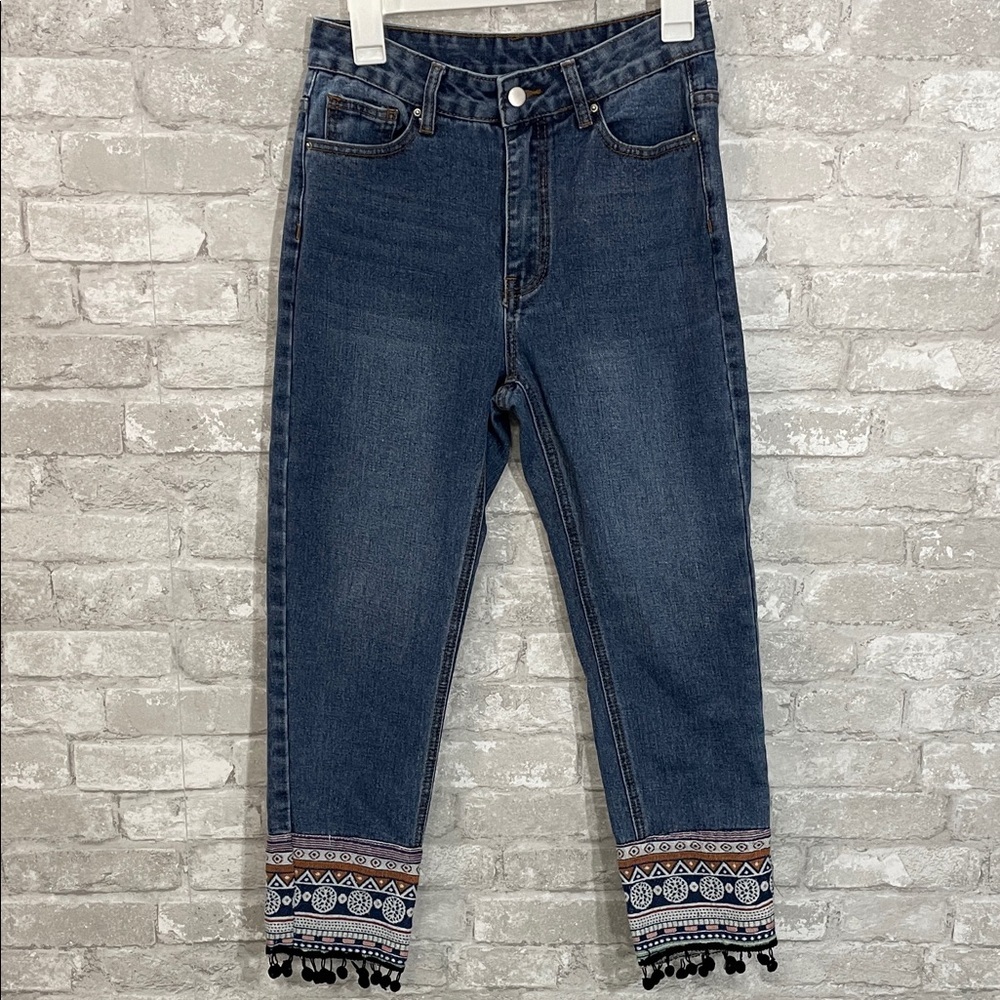 Hayden Dark Blue Embroidered Cropped Jeans